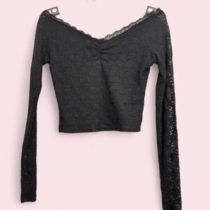 Derek Heart Black Lace Off-Shoulder Crop Top with Long Sleeves